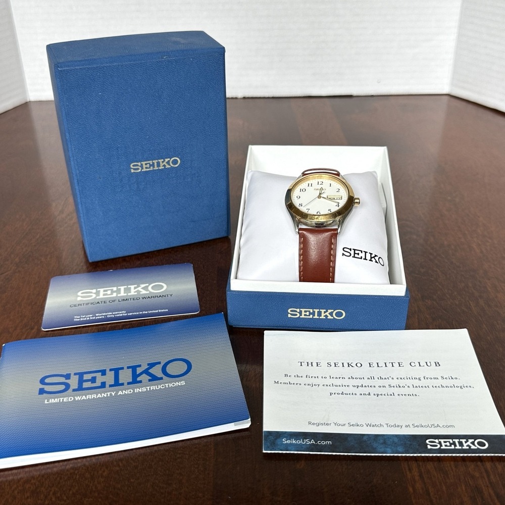 Seiko Men's Analog Quartz Watch 7N43-9070 Leather Strap Gold Tone Case